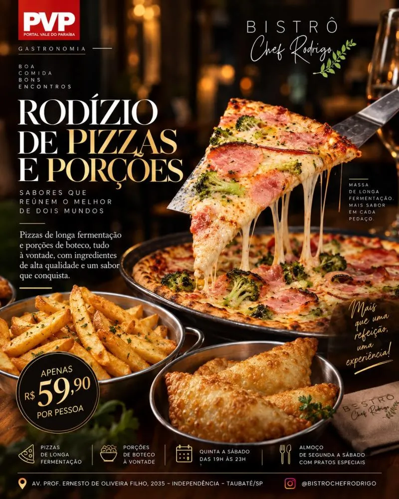 Bistrô Chef Rodrigo aposta em rodízio de pizzas e porções de boteco à vontade em Taubaté
