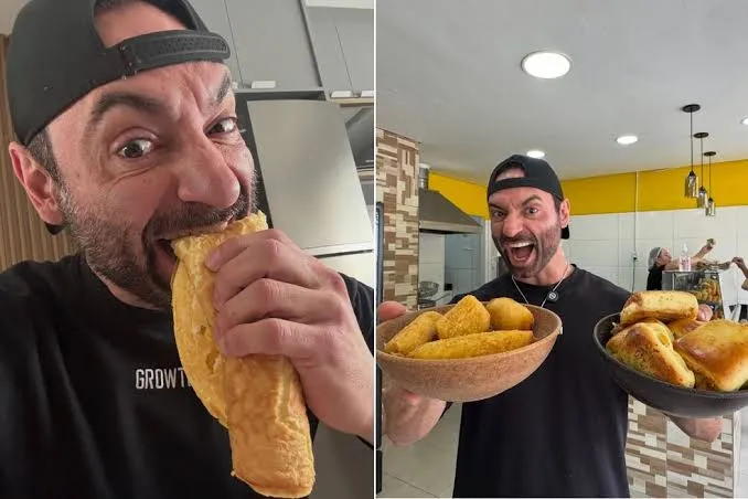 Influenciador encara desafio de comer 5 kg de fast-food no litoral de São Paulo