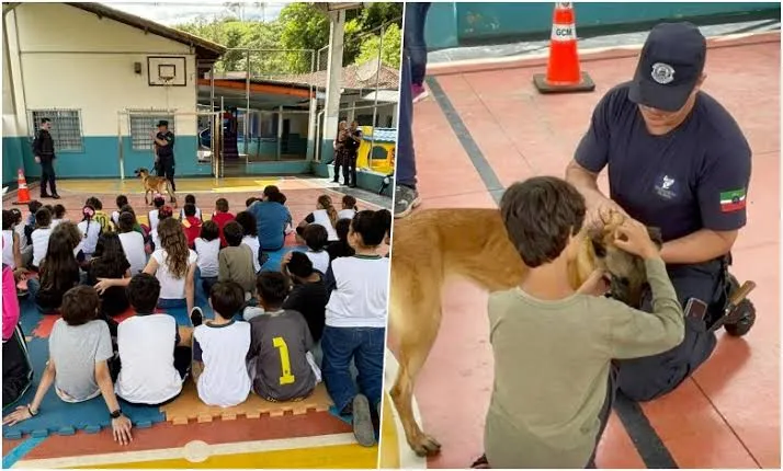 Canil da GCM aproxima estudantes do trabalho da segurança pública em escola de Pindamonhangaba