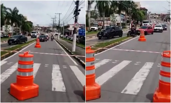 Rompimento de adutora causa interdição parcial na Rua Suíça, em Pindamonhangaba