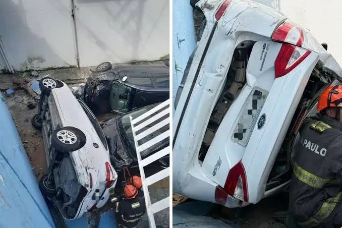 Carro cai de altura de cinco metros sobre veículos estacionados em Aparecida; idoso fica ferido