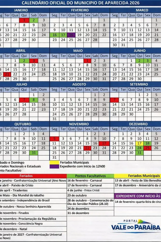 Prefeitura de Aparecida publica Calendário Oficial de Feriados e Pontos Facultativos de 2026