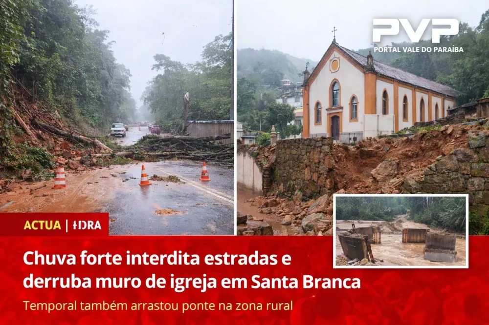 Chuva forte causa interdições em estradas e derruba muro de igreja em Santa Branca