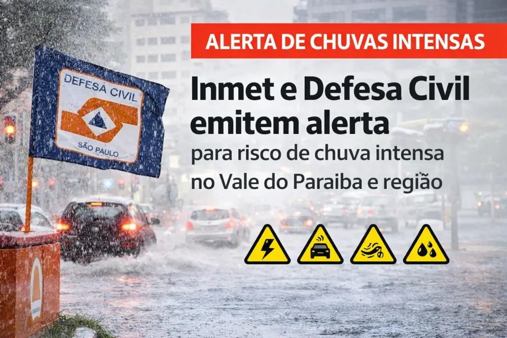 Inmet e Defesa Civil emitem alerta para risco de chuva intensa no Vale do Paraíba e região
