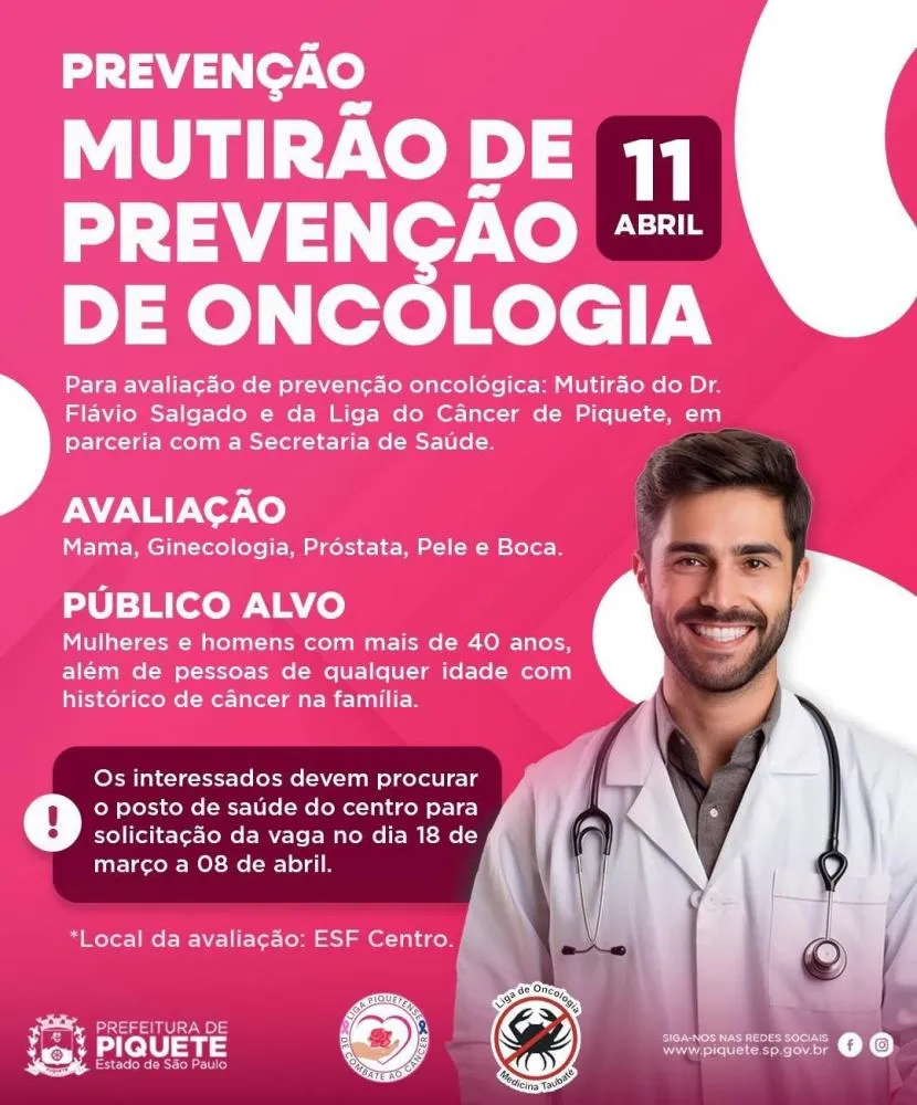 Piquete realiza mutirão gratuito de prevenção ao câncer com atendimentos no dia 11 de abril