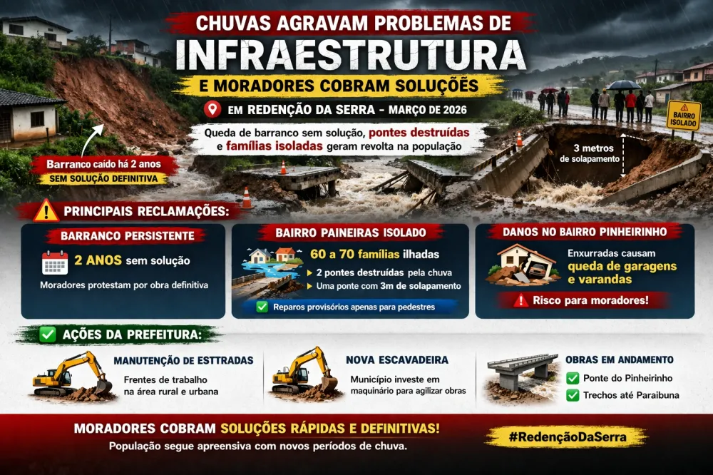 Chuvas agravam problemas de infraestrutura e moradores cobram soluções em Redenção da Serra