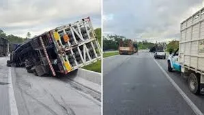 Carreta tomba na Rodovia Dom Pedro I e causa interdição parcial em Igaratá