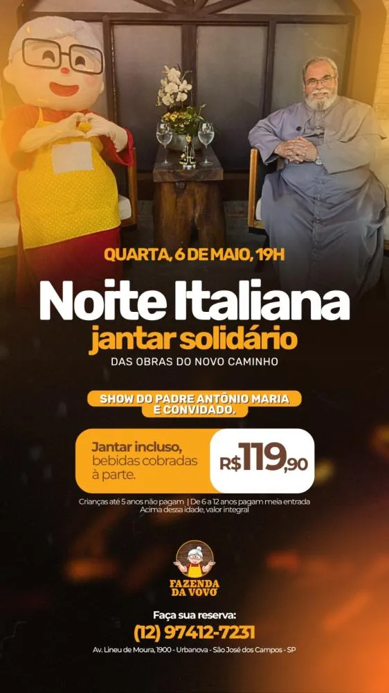 Jantar solidário com Padre Antônio Maria acontece em maio e promete noite especial com música e gastronomia italiana