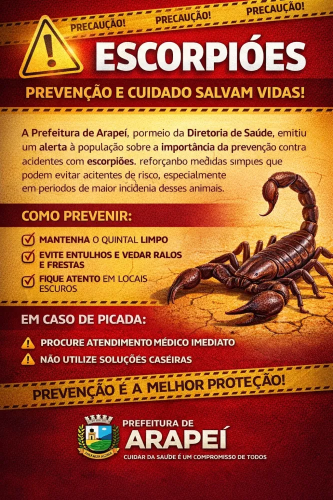 Prefeitura de Arapeí alerta para prevenção contra escorpiões e orienta população sobre riscos