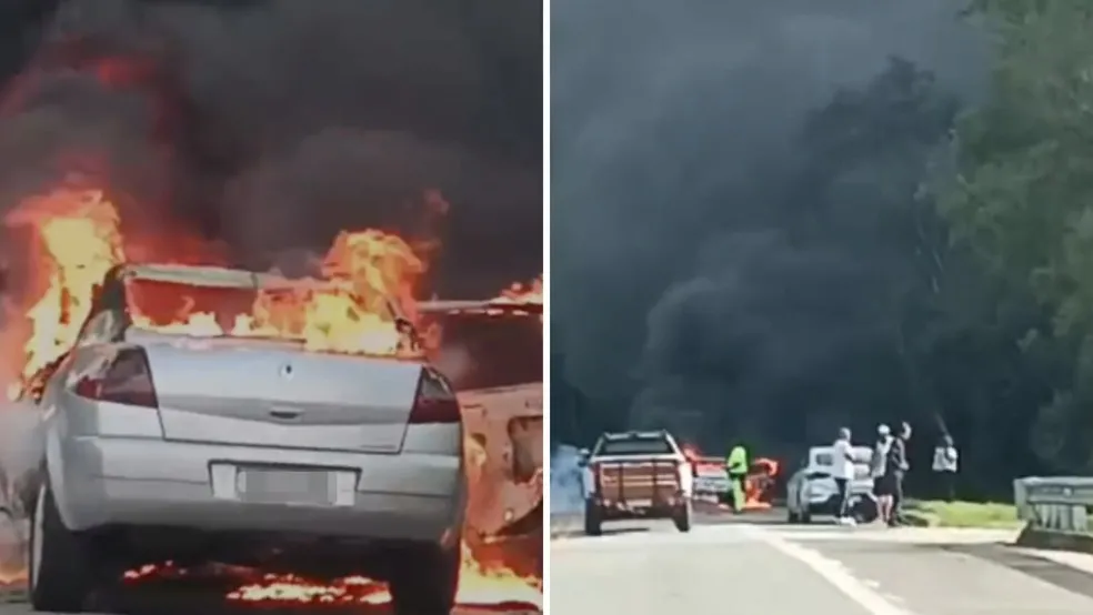 Carro pega fogo e provoca interdição parcial na Rodovia Oswaldo Cruz em Natividade da Serra